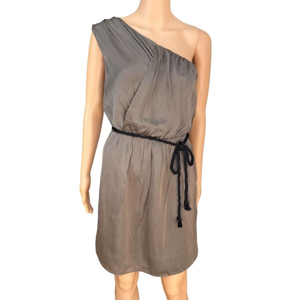 Banana Republic Women’s 100% Silk One Shoulder Dress Taupe brown Size 6 Belted